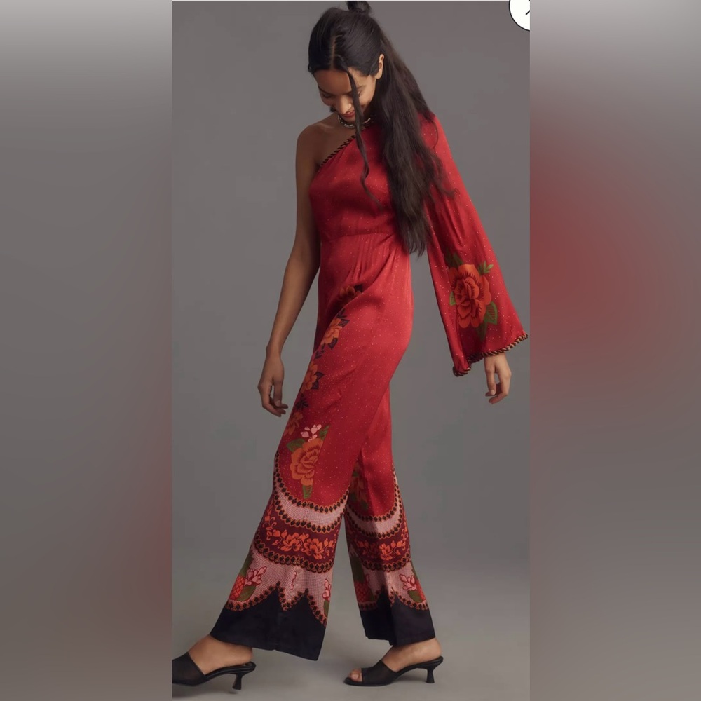 NWT Farm Rio x Anthropologie One-Shoulder Printed Satin Jumpsuit, Size M